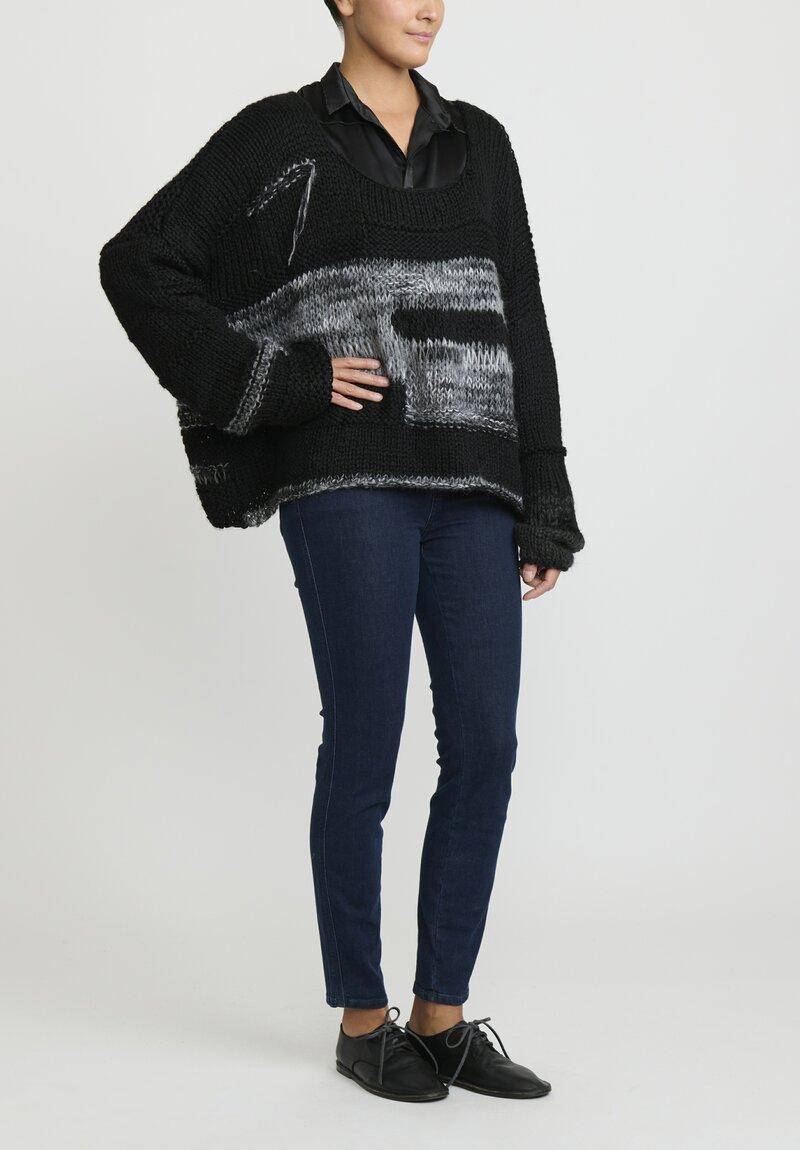 Umit Unal Hand Knit Wool Oversized Sweater in Black & Grey	