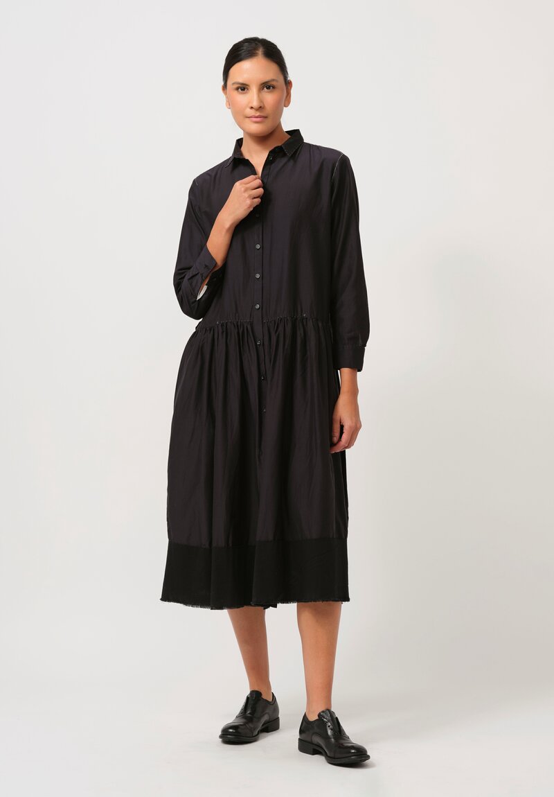 Umit Unal Hand Stitched Cotton & Silk Shirt Dress in Black	