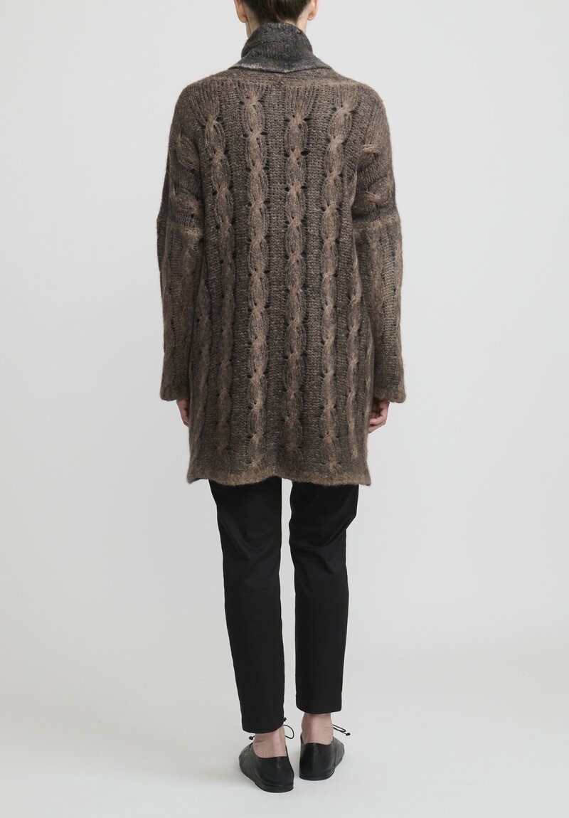 f Cashmere Hand-Painted Cable Knit Cardigan in Nero Brown