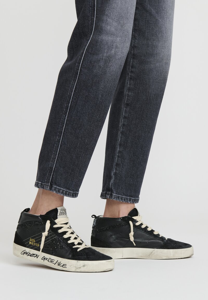 Golden Goose Suede, Leather and Glitter Mid Star Classic Sneaker in Black	