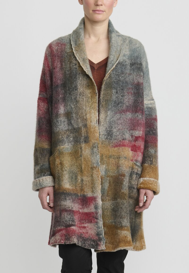f Cashmere Hand-Painted Shawl Collar Cardigan in Grey & Rust