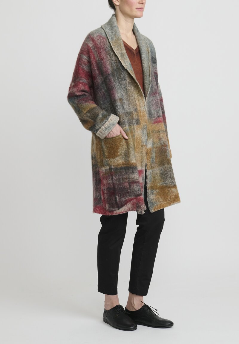 f Cashmere Hand-Painted Shawl Collar Cardigan in Grey & Rust