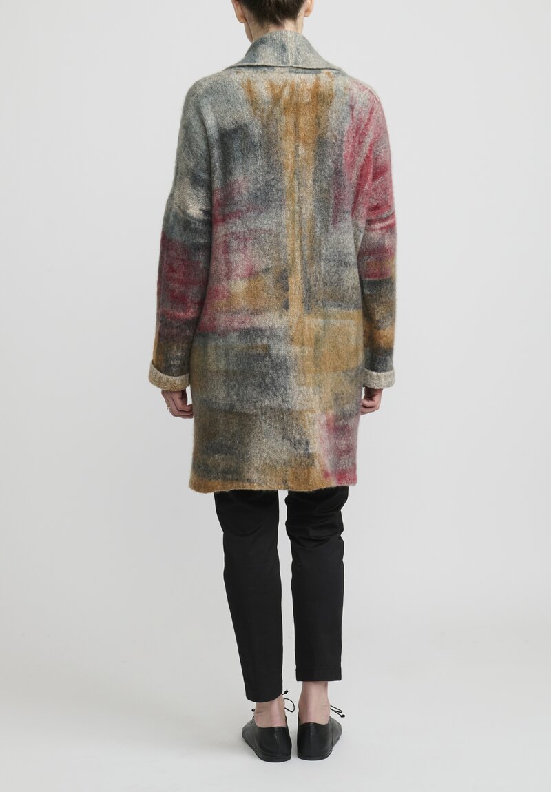 f Cashmere Hand-Painted Shawl Collar Cardigan in Grey & Rust