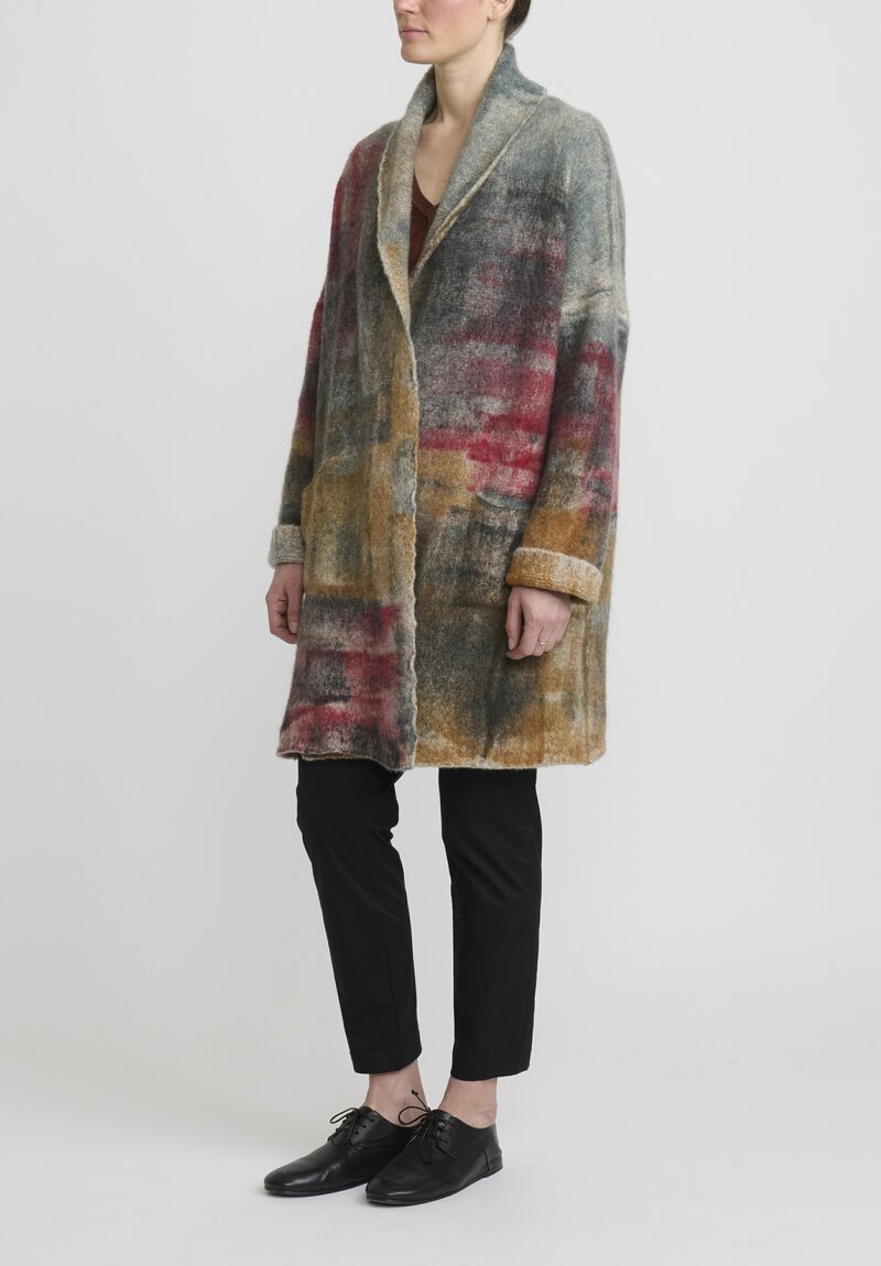 f Cashmere Hand-Painted Shawl Collar Cardigan in Grey & Rust