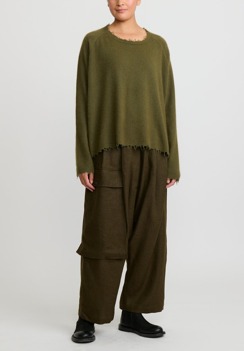 Rundholz Dip Wool and Linen Drop Crotch Utility Pants in Khaki Green