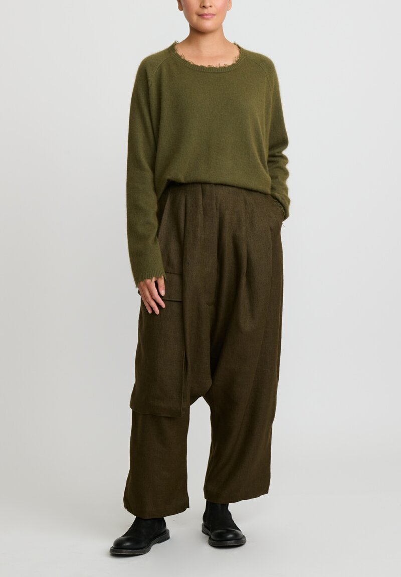 Rundholz Dip Wool and Linen Drop Crotch Utility Pants in Khaki Green