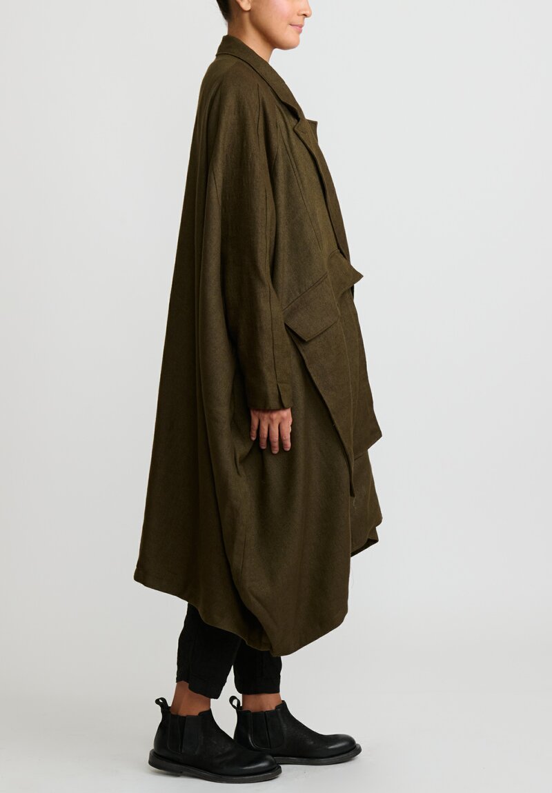 Rundholz Dip Wool and Linen Square Coat in Khaki Green