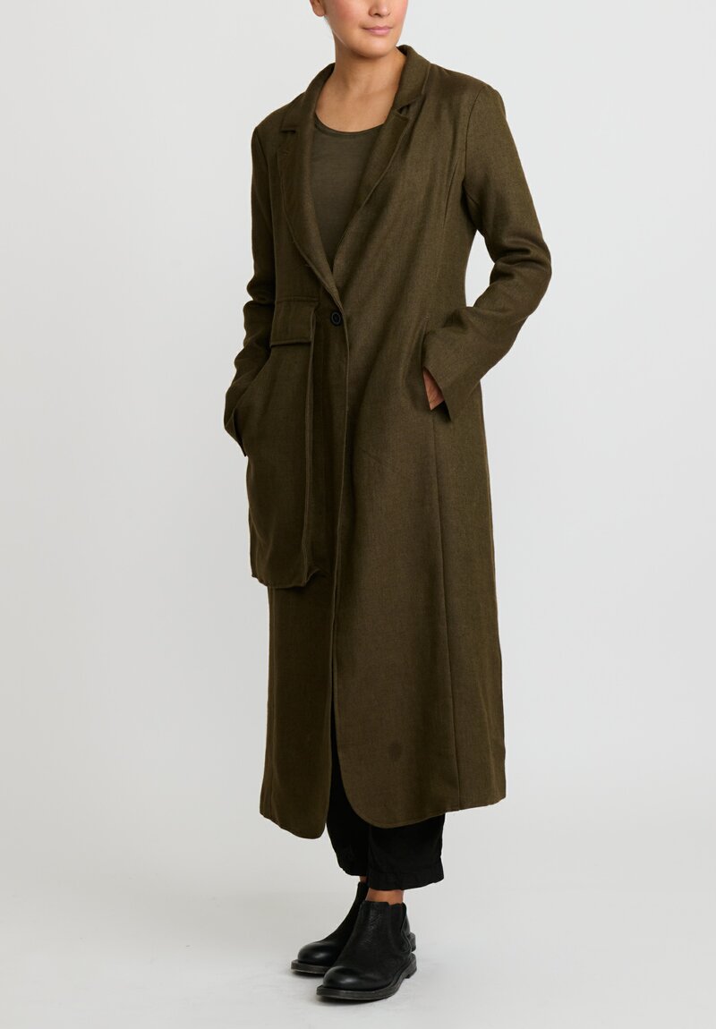 Rundholz Dip Virgin Wool and Linen Military Coat in Khaki Green