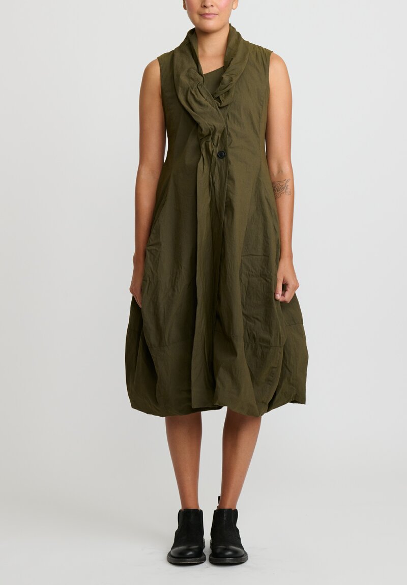 Rundholz Dip Cotton Ruched Neck, Button Front Tulip Dress in Khaki Green