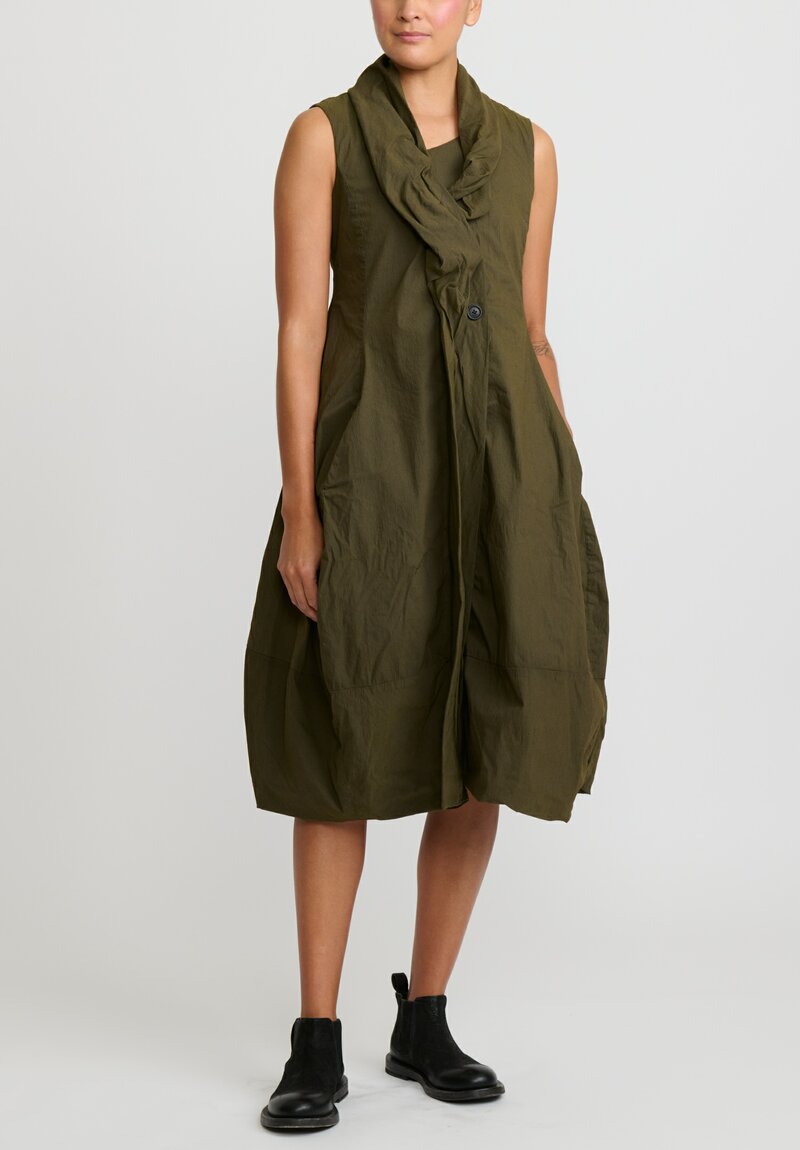 Rundholz Dip Cotton Ruched Neck, Button Front Tulip Dress in Khaki Green