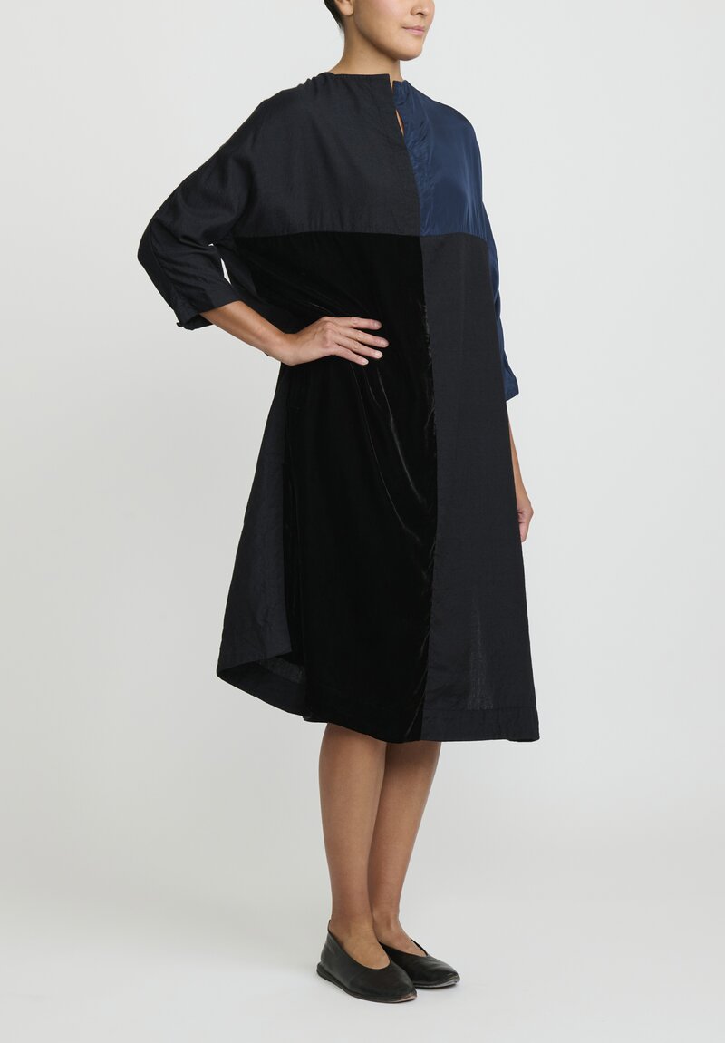 AODress Habutai Silk and Velvet Patchwork Dress in Navy Blue & Black