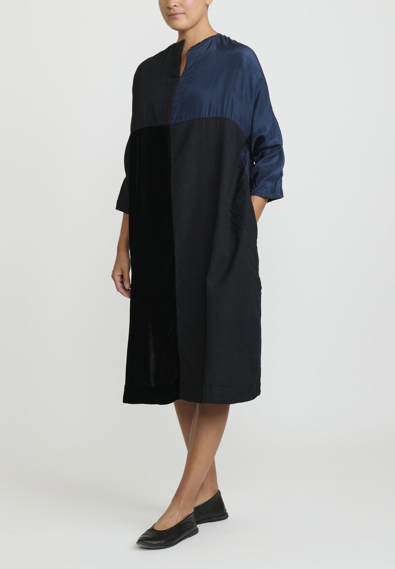 AODress Habutai Silk and Velvet Patchwork Dress in Navy Blue & Black