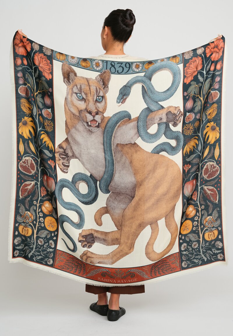 Sabina Savage Wool and Silk The Cougar and Serpent Scarf in Parchment White & Ink Blue