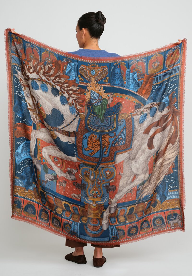 Sabina Savage Wool and Silk The Wind Horse Scarf in Madder Red & Sky Blue