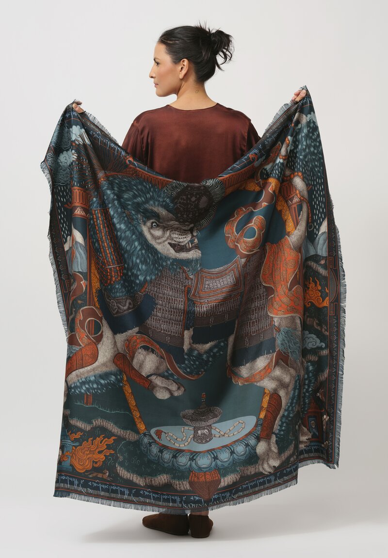 Sabina Savage Silk Twill The Snow Lion Scarf in Turquoise Blue & Saffron	