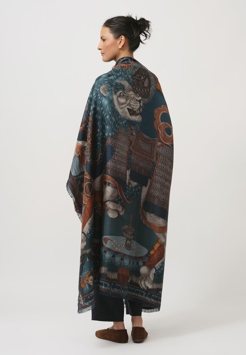 Sabina Savage Silk Twill The Snow Lion Scarf in Turquoise Blue & Saffron	