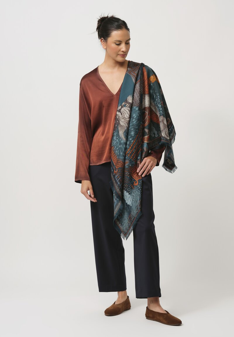 Sabina Savage Silk Twill The Snow Lion Scarf in Turquoise Blue & Saffron	