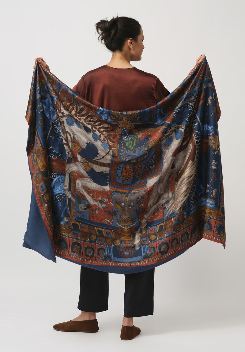 Sabina Savage Silk and Cashmere The Wind Horse Scarf in Madder Red & Sky Blue