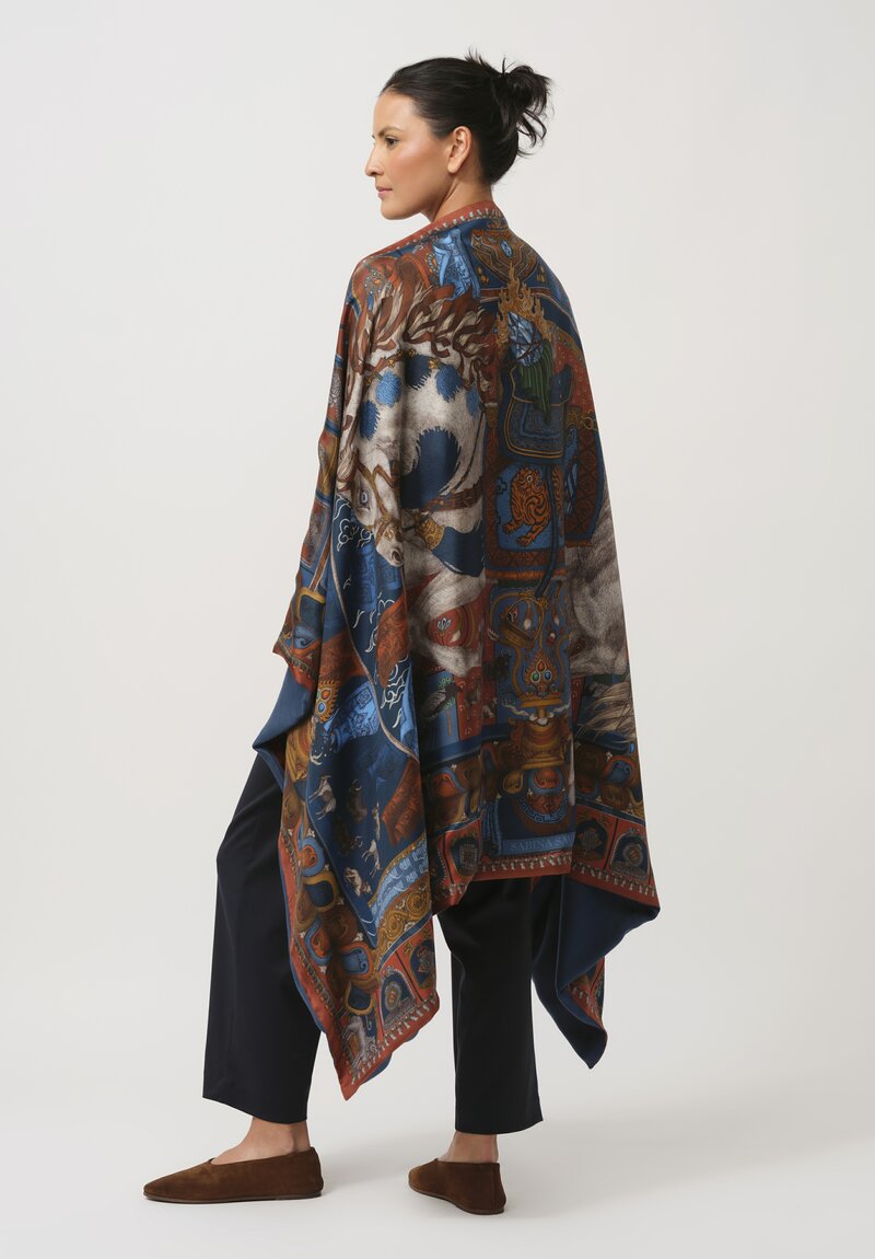 Sabina Savage Silk and Cashmere The Wind Horse Scarf in Madder Red & Sky Blue