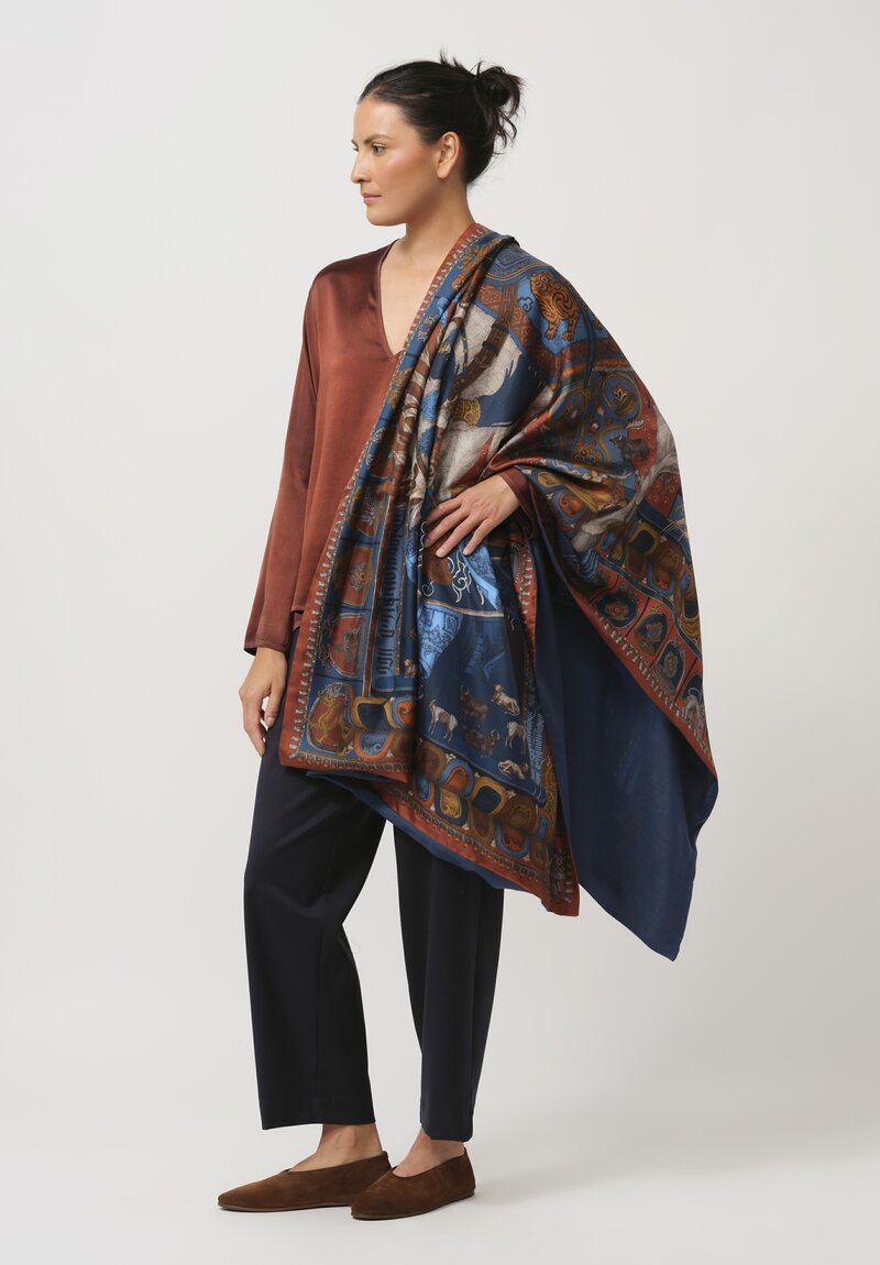 Sabina Savage Silk and Cashmere The Wind Horse Scarf in Madder Red & Sky Blue