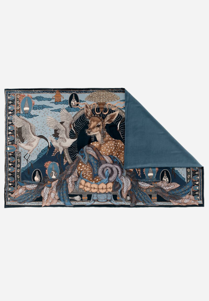 Sabina Savage Silk and Cashmere The Song Deer Scarf in Storm Blue & Steel