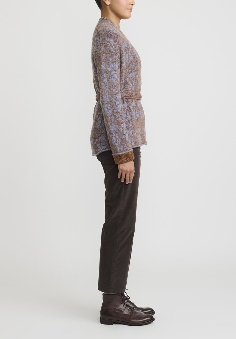 Lainey Cashmere Hand Knit Velvet de Luxe Cardigan in Soft Blue and Chestnut Brown	
