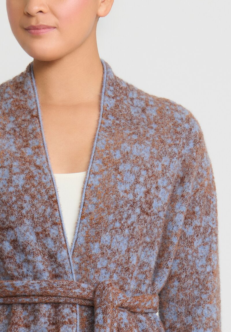 Lainey Cashmere Hand Knit Velvet de Luxe Cardigan in Soft Blue and Chestnut Brown	