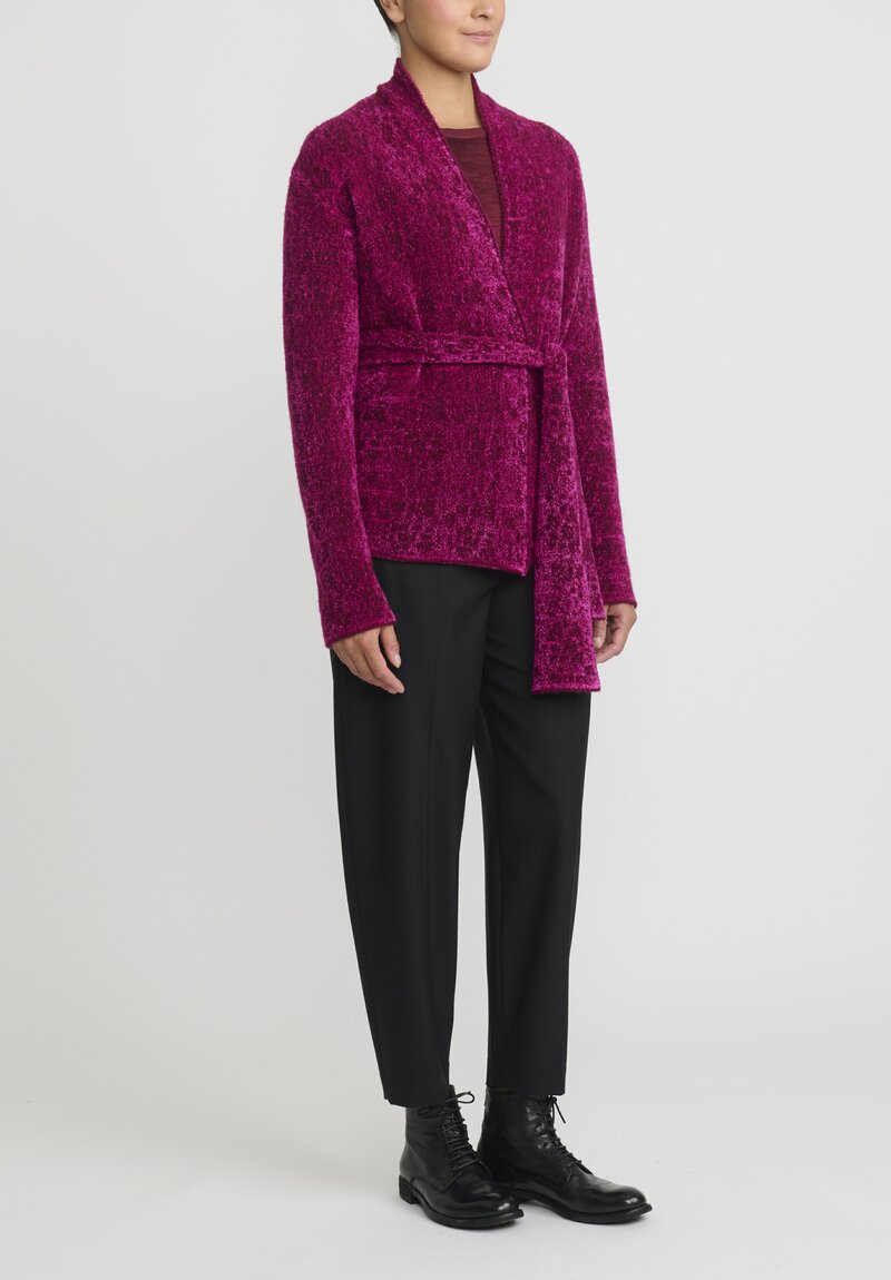 Lainey Cashmere Hand-Knit Belted Velvet de Luxe Cardigan in Fuchsia Pink	