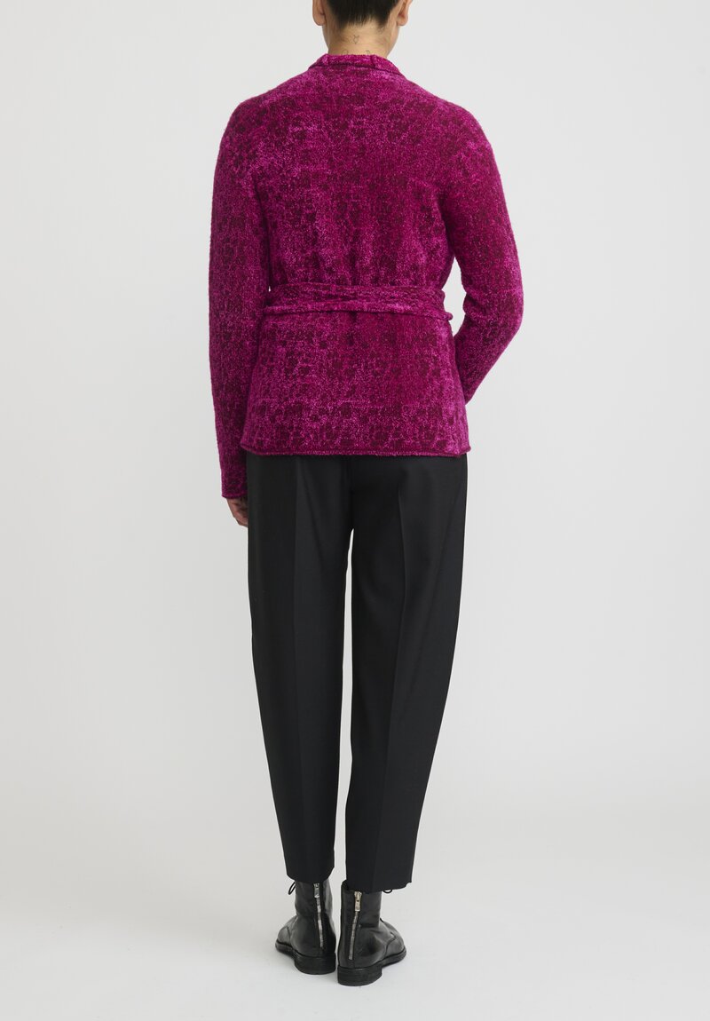 Lainey Cashmere Hand-Knit Belted Velvet de Luxe Cardigan in Fuchsia Pink	
