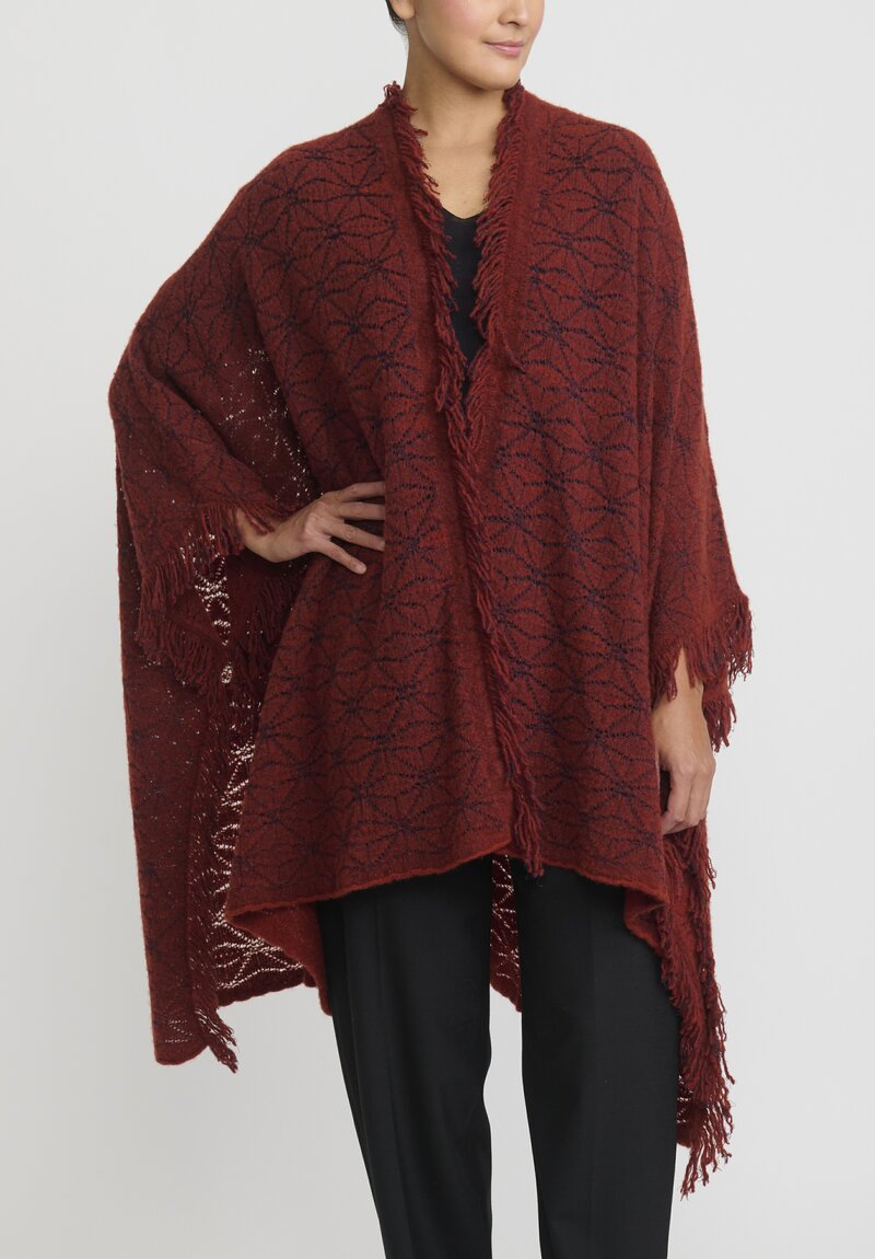 Lainey Cashmere Hand Knit Fringed Poncho in Harissa Red & Navy	