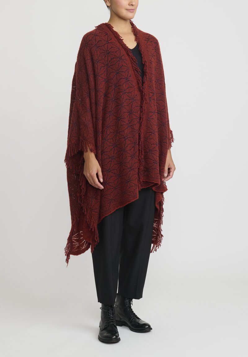 Lainey Cashmere Hand Knit Fringed Poncho in Harissa Red & Navy	