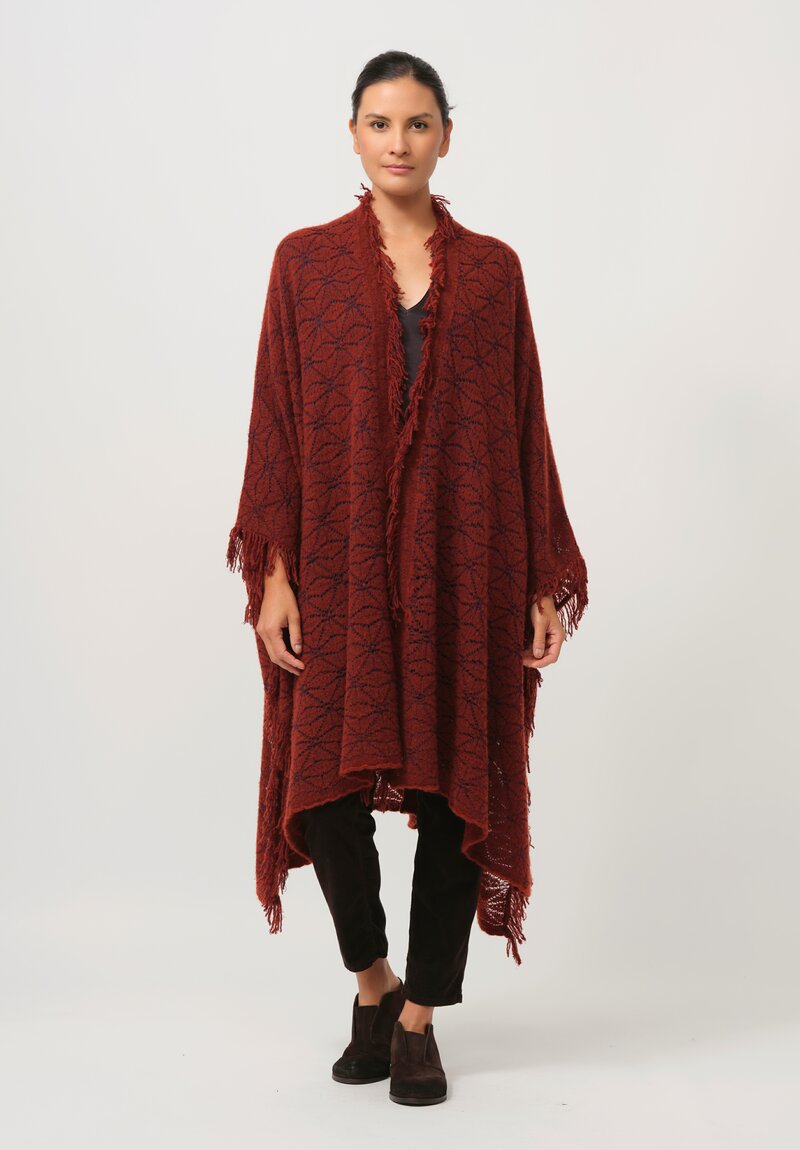 Lainey Keogh Cashmere Hand Knit Fringed Poncho in Harissa Red & Navy	