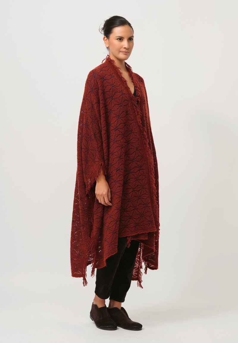 Lainey Keogh Cashmere Hand Knit Fringed Poncho in Harissa Red & Navy	