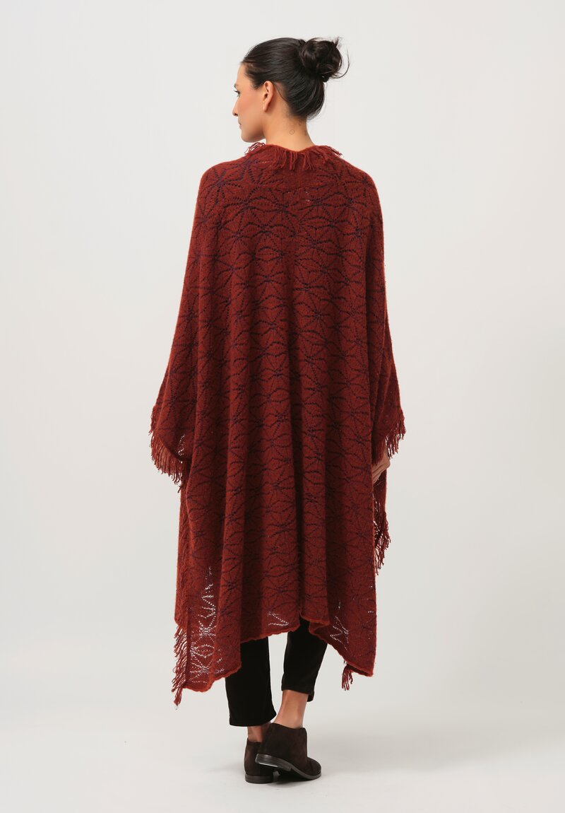 Lainey Keogh Cashmere Hand Knit Fringed Poncho in Harissa Red & Navy	