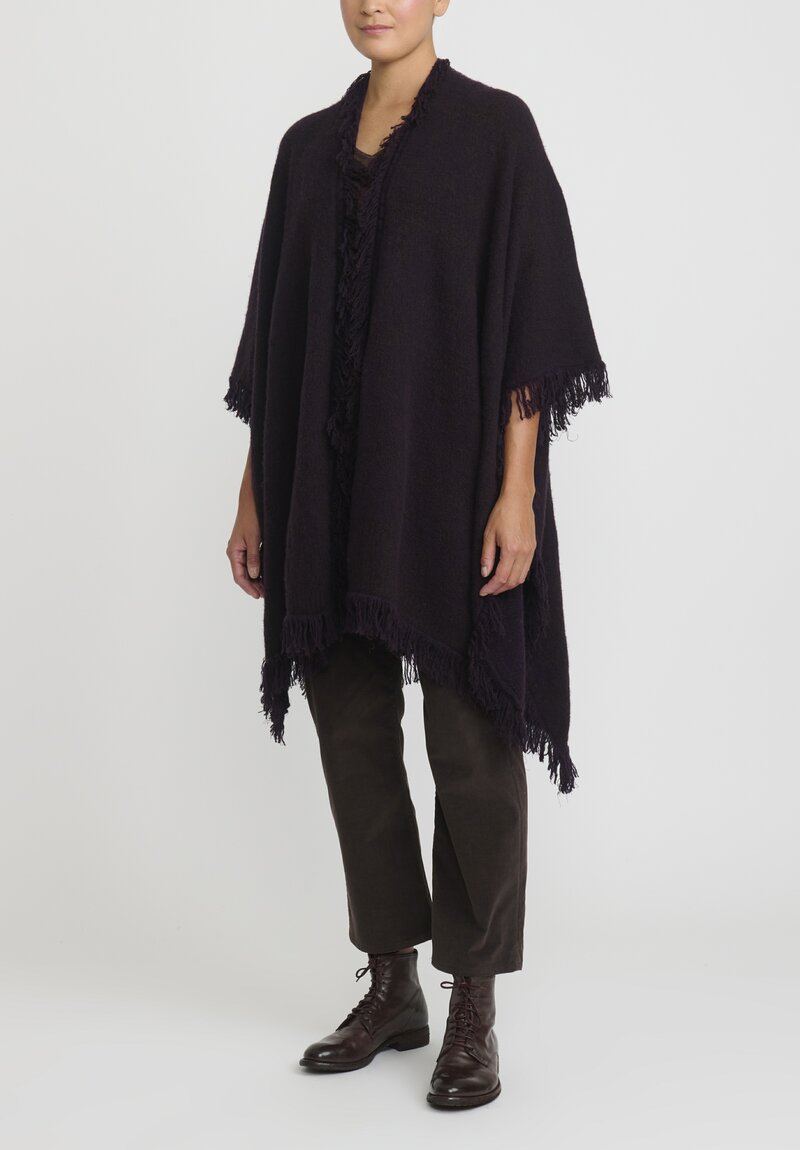 Lainey Cashmere Hand-Knit Cashmere and Silk Fringed Poncho Cardigan in Black Currant, Chocolate Brown