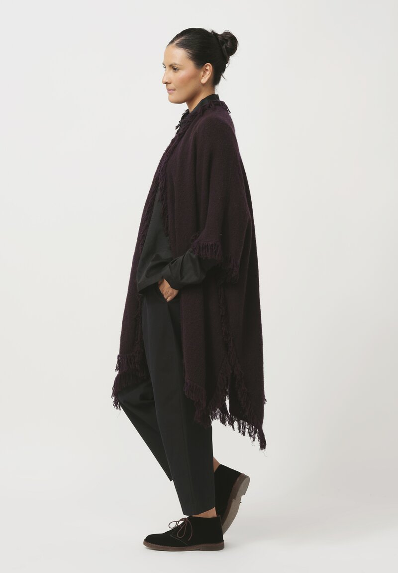 Lainey Keogh Cashmere Hand-Knit Fringed Poncho Cardigan in Black Currant & Chocolate Brown	