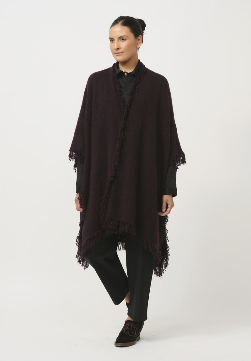 Lainey Keogh Cashmere Hand-Knit Fringed Poncho Cardigan in Black Currant & Chocolate Brown	