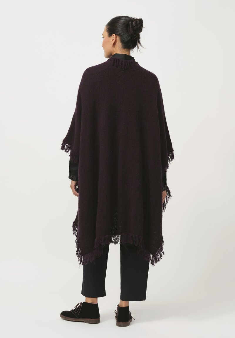 Lainey Keogh Cashmere Hand-Knit Fringed Poncho Cardigan in Black Currant & Chocolate Brown	