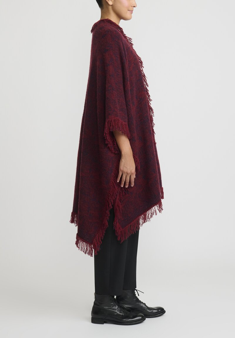 Lainey Cashmere Hand-Knit Cashmere and Silk Fringed Poncho Cardigan in Russet Red, Navy Blue