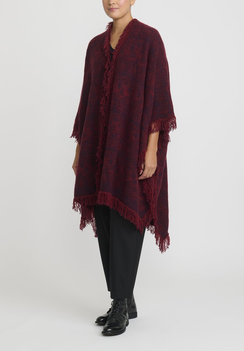 Lainey Cashmere Hand-Knit Cashmere and Silk Fringed Poncho Cardigan in Russet Red, Navy Blue