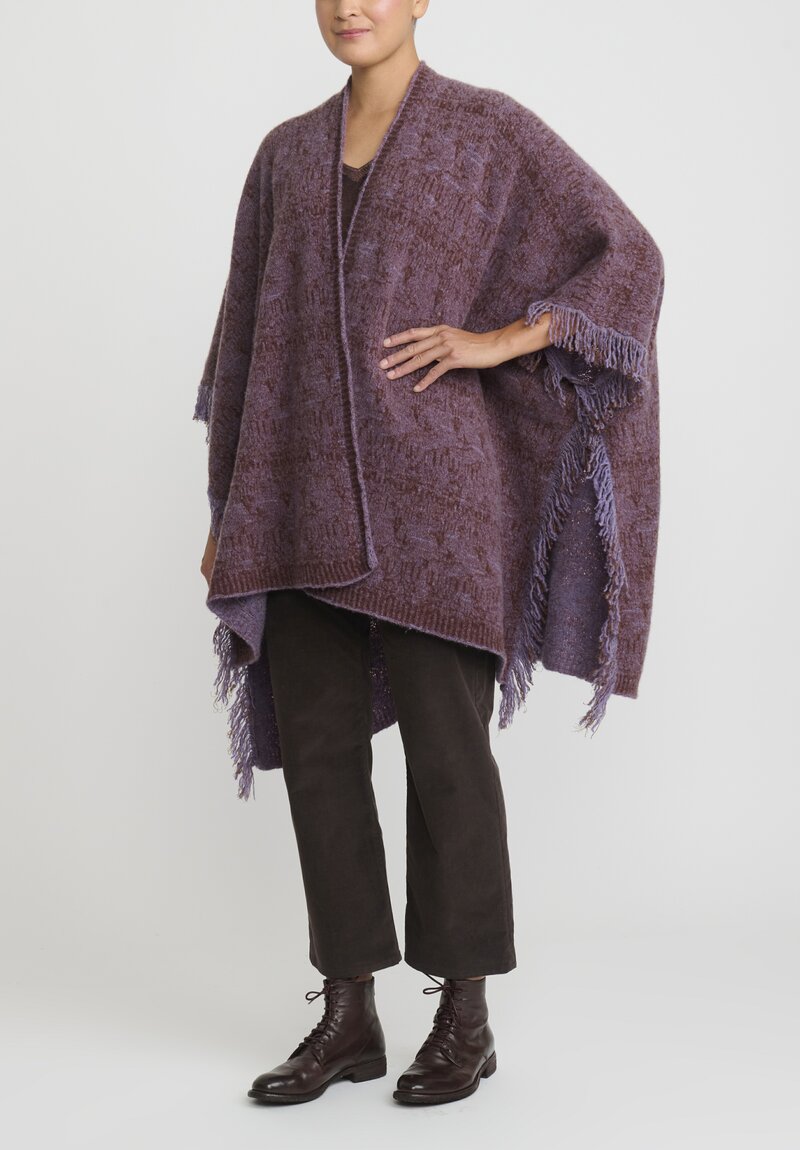 Lainey Cashmere Hand-Knit Cashmere and Silk Poncho Cardigan in Lavender, Chestnut Brown