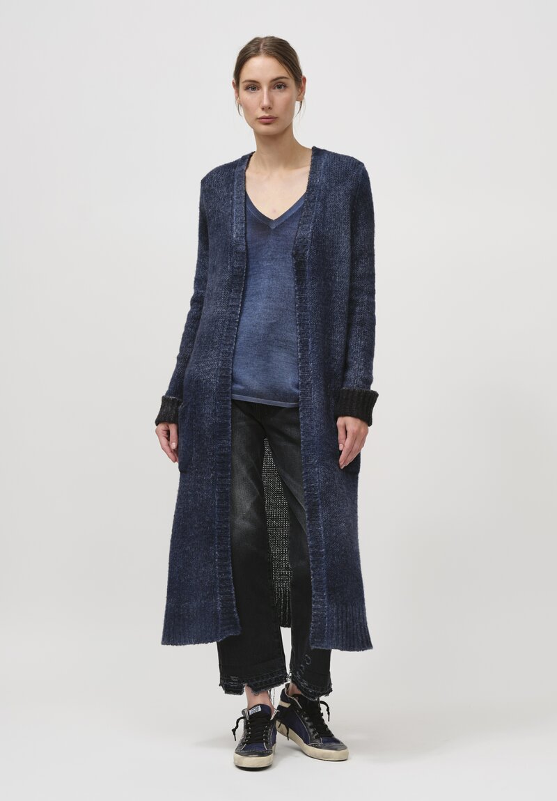 Avant Toi Hand-Painted Cashmere and Wool Long Cardigan in Nero Midnight Blue	