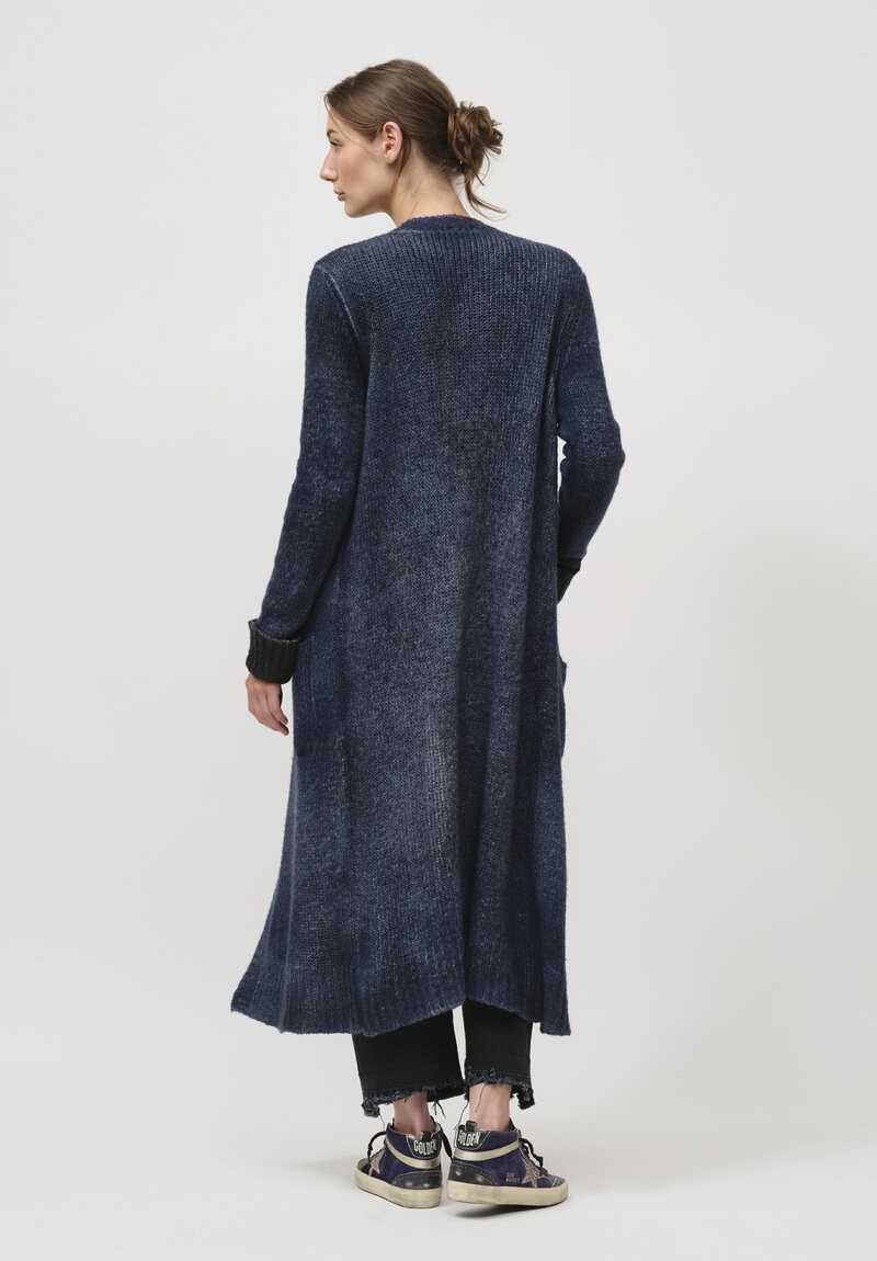 Avant Toi Hand-Painted Cashmere and Wool Long Cardigan in Nero Midnight Blue	