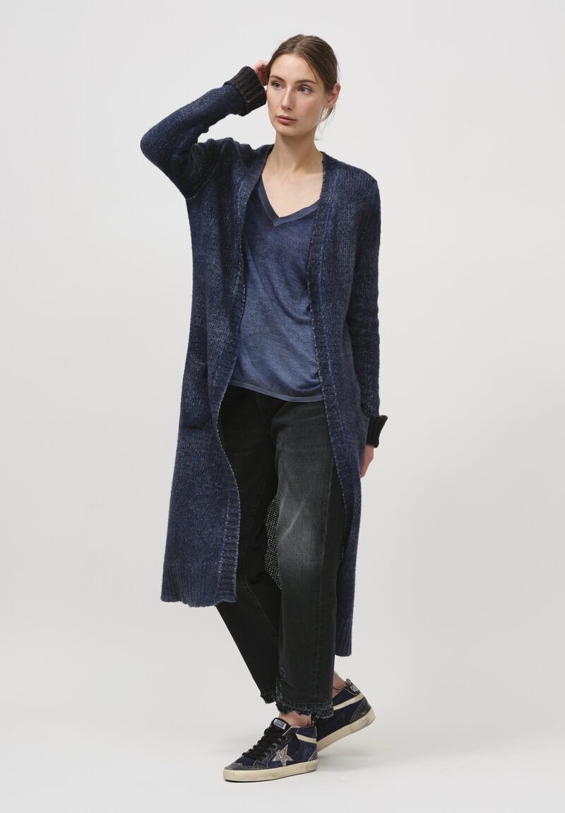 Avant Toi Hand-Painted Cashmere and Wool Long Cardigan in Nero Midnight Blue	