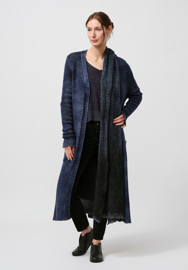 Avant Toi Hand-Painted Cashmere & Wool Long Cardigan in Nero Midnight Blue	