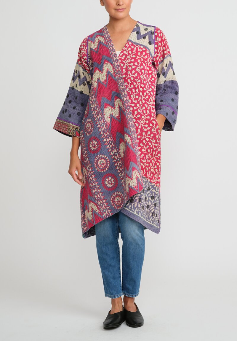 Mieko Mintz 4-Layer Vintage Cotton Wrap Flare Coat in Pink, Purple & Blue	