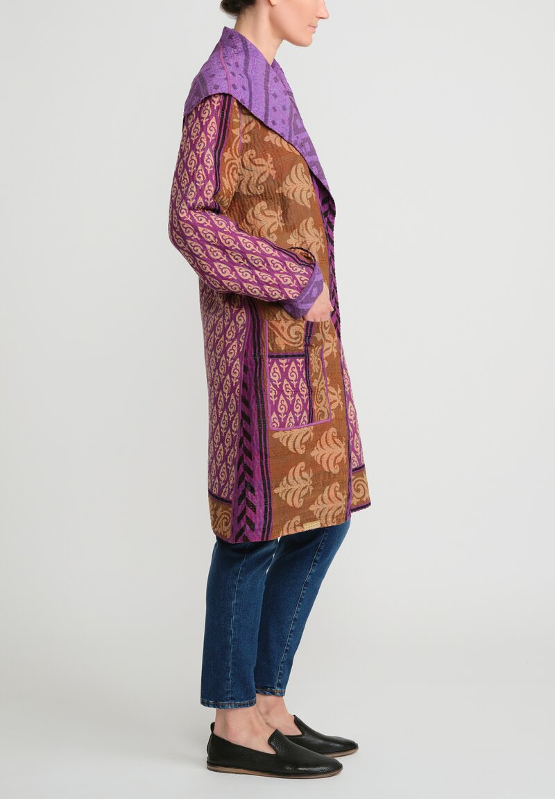 Mieko Mintz 4-Layer Vintage Cotton Medium Pocket Coat in Purple, Brown & Black	