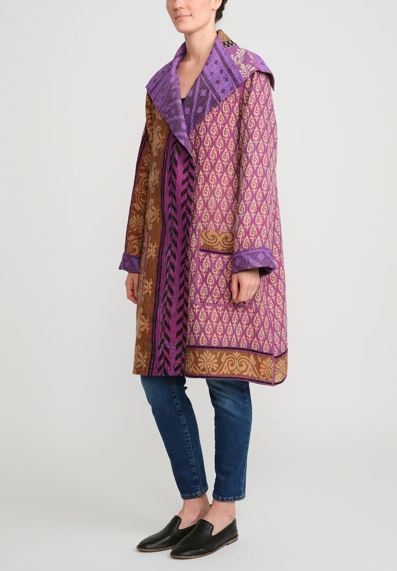 Mieko Mintz 4-Layer Vintage Cotton Medium Pocket Coat in Purple, Brown & Black	
