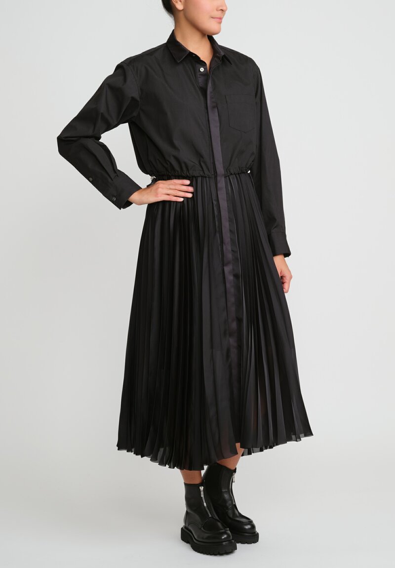 Sacai Cotton Poplin and Satin Pleated Dress in Black