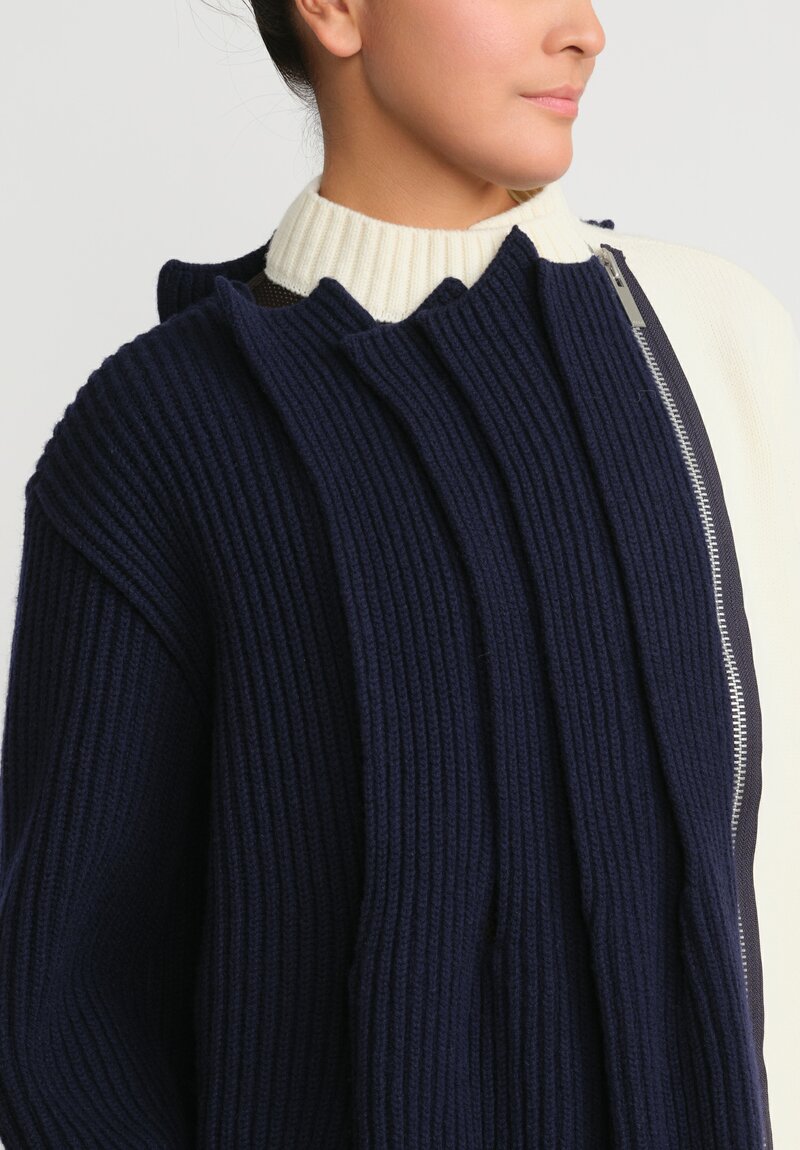 Sacai Wool Knit Blouson Jacket in Navy & Off-White	